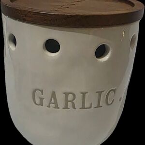 Rae Dunn Ceramic Garlic Keeper with Wooden Lid